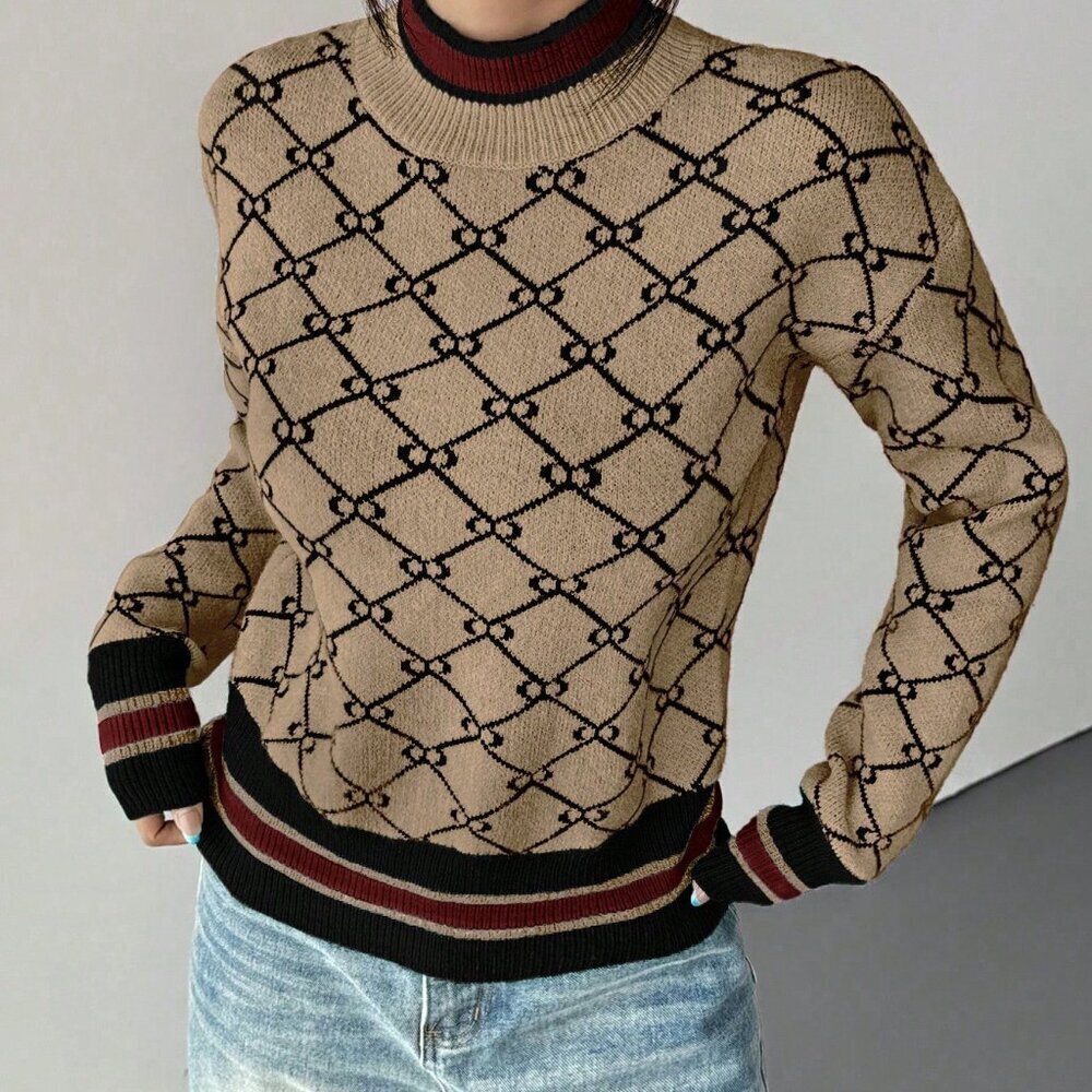Khaki Casual Women's Geometric Embroidery Crew Neck Sweater - Picture 1 of 6